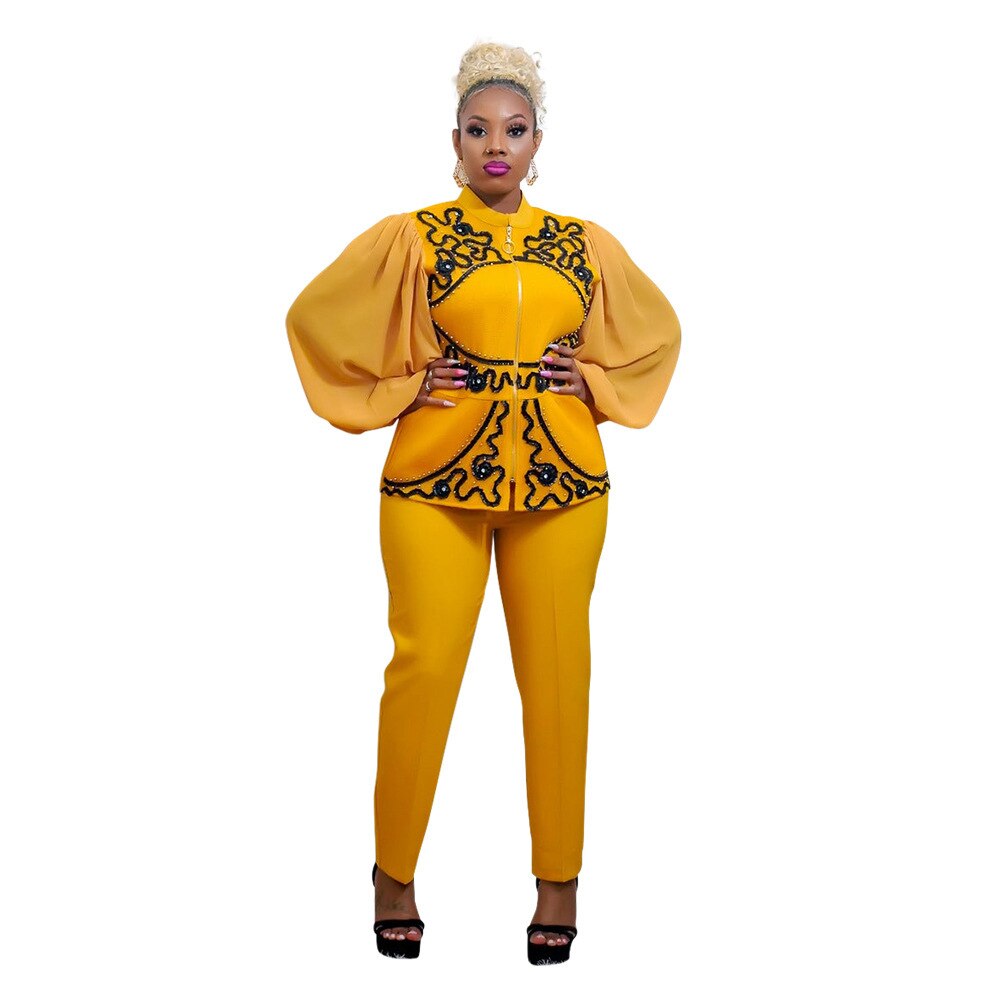New African Clothes For Women Two Piece Sets Long Tops Skinny Pants Matching Set Shirt Patchwork Tracksuit Set Big Size 2023