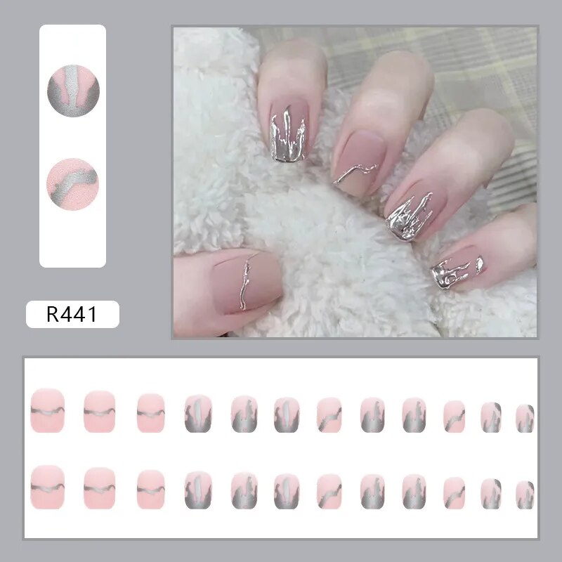 Aovica- Wearable False Nail Short Square Silver Gray Matte Popular Finished Fack Nails 24pcs/pack With Wearing Tool