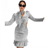 Spring Summer Office Lady Long Sleeve Dress For Women Fashion Pleated Vestidos New Arrival Robe Elegant Party Hollow Out Dress