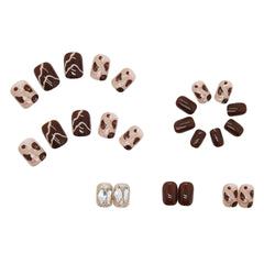 Aovica- Leopard Diamond Fake Nails Art Nail Tips Press on False Nails Set Full Cover Artificial Short Square Head Fingernails