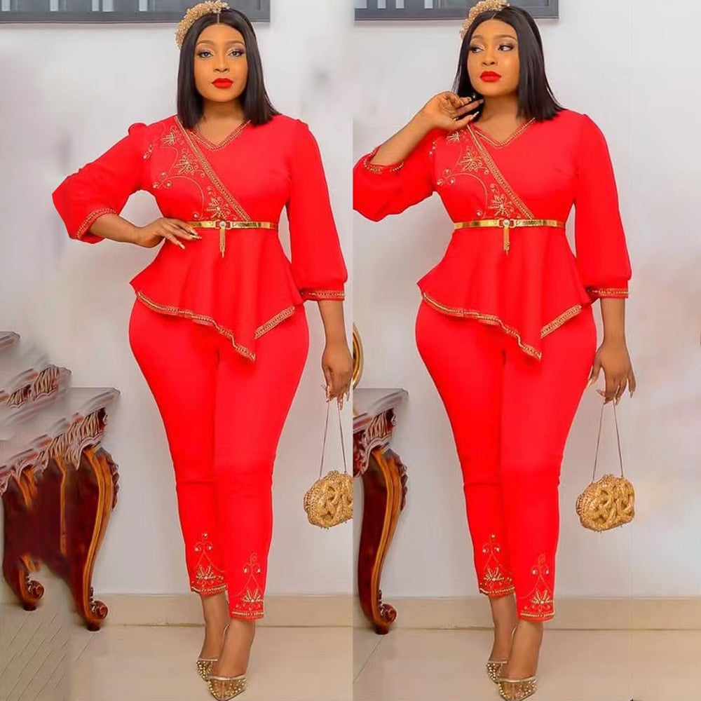 Aovica  Plus Size Women African Dashiki Clothes 2 Piece Set Wedding Party Suits Beading Sequin Tops Trousers 2023 South Africa Outfit