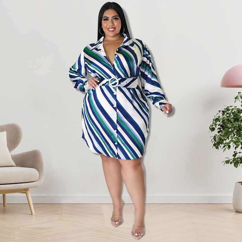 Aovica Plus Size Striped Office Lady Dress With Belt Autumn Long Sleeve Straight Blouse Vestidos Casual Fashion Streetwear Robes