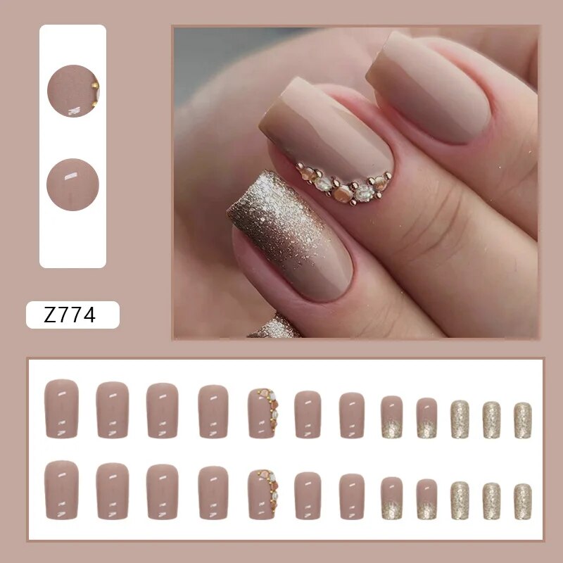 Aovica- 24pcs/Box Gradient Nail Art Patches False Nails Short Square Nail Blue Starry Glitter Teardrop Diamond Fake Nail Tips