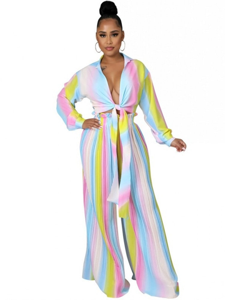 2 Two Piece Set Women Set Stripe Print Long Sleeve Blouse Tops And Pant Suits Sheath Matching Fashion Outfit Spring Autumn
