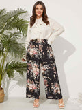 Aovica Plus Size Long Pants Women Summer High Waist Bohemian Flower Printed Wide Leg Pants 2022 Casual Vintage Holiday Trousers