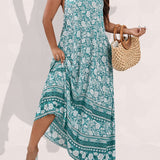 Aovica Floral Print Maxi Cami Dress For Women V-Neck Backless Elegant Large Hem Boho Long Dresses Plus Size 4XL