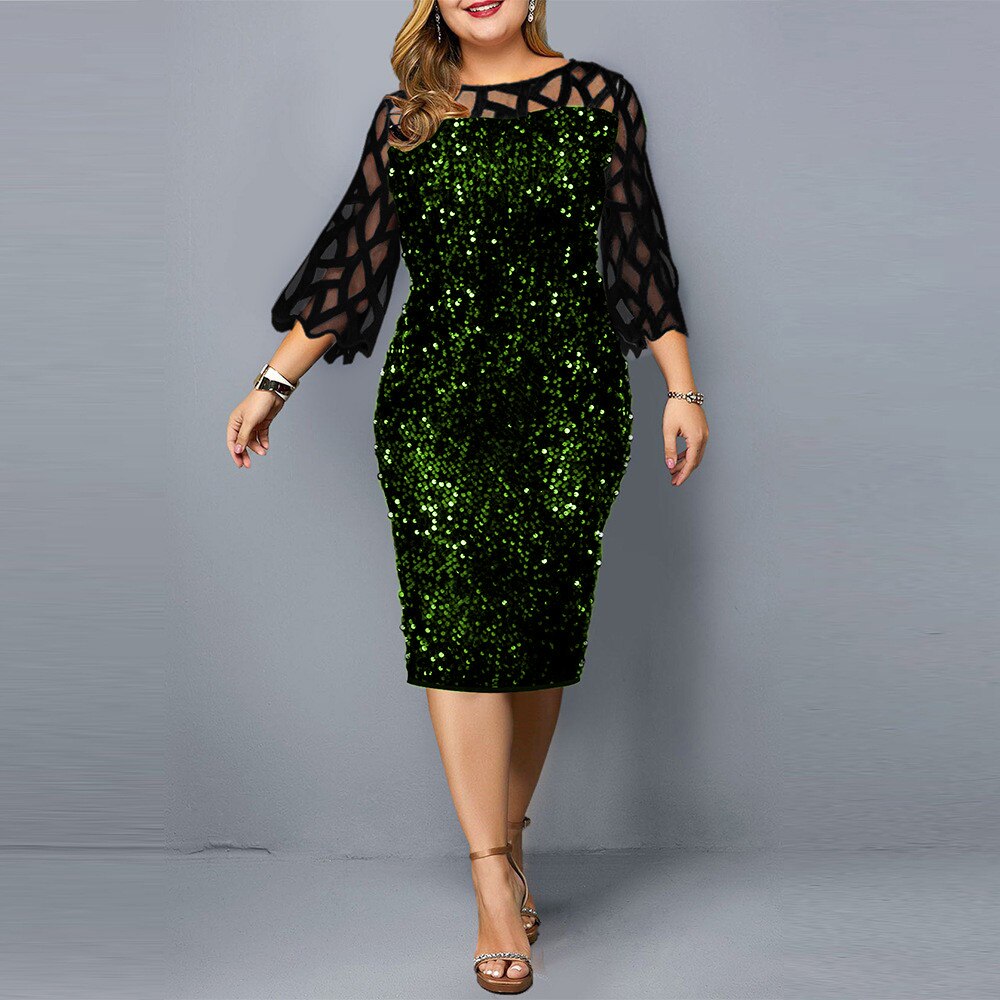 Women Dress Plus Size Elegant Sequin Christmas Evening Party Dresses 2023 Lady Autumn Mesh Sleeve Casual Midi Dress Club Outfits