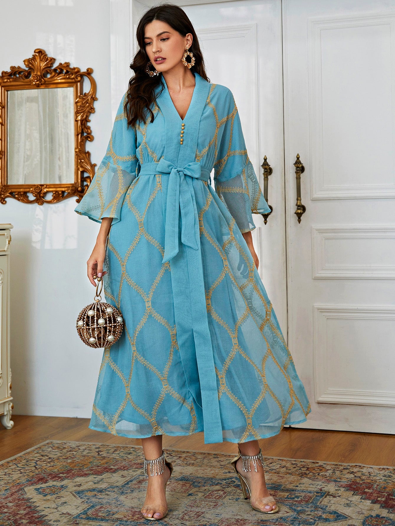 Aovica Women Maxi Dress Ethnic Style Elegant Luxury Lady Draped Outfits 2023 Spring Long Sleeves Clothes With Tie Belt Blue Robe