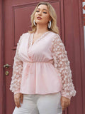 Aovica Women Blouse Elegant Mesh Partchwork Shirts Bandage Tunic Top 2023 Summer V Neck  Long Sleeve Plus Size Party Blusas