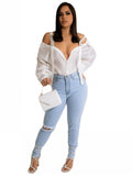 Aovica 2023 Women Blouses Solid  Shirt Straps V Neck Long Sleeves Single-breasted Fashion Lady Club Streetwear Shirts Tops