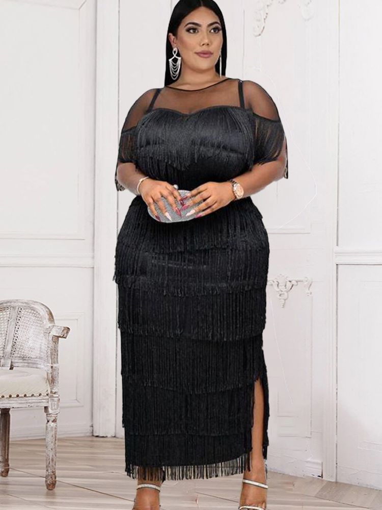 Aovica Black Dresses Women  Bodycon Short Sleeve Tassel Ankle Length Elegant Evening Party Occasion Event Robe XXL 2023 Summer New