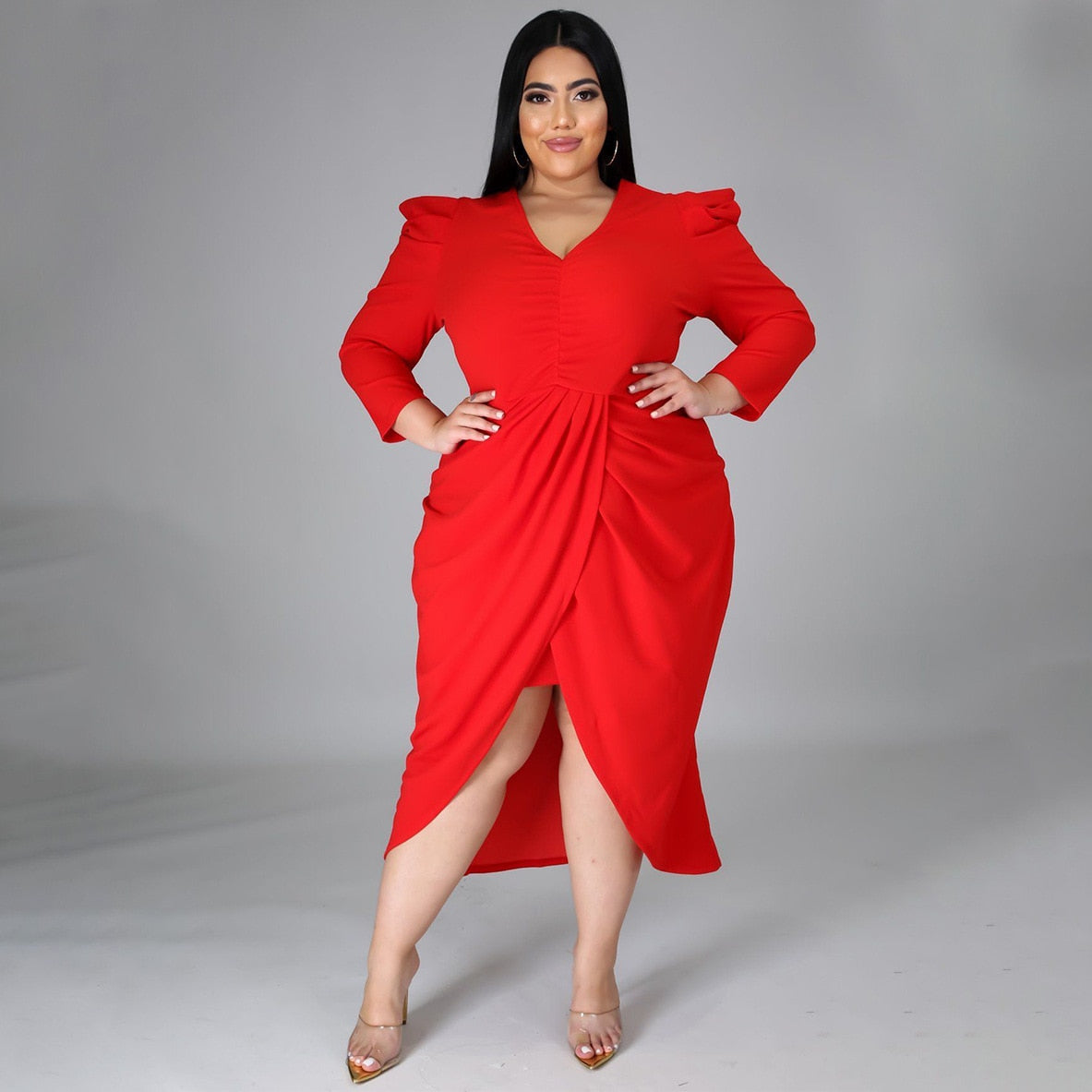 Aovica Plus Size Elegant Fashion Dress For Women Autumn Puff Sleeve Pleated Bodycon Split Mid Vestidos Night Party Robes Office Lady