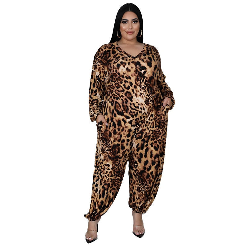 Aovica Plus Size Leopard Printed Loose Jumpsuit For Women V Neck Long Sleeve Corss-Pants One Piece Fashion Streetwear Overall Playsuit