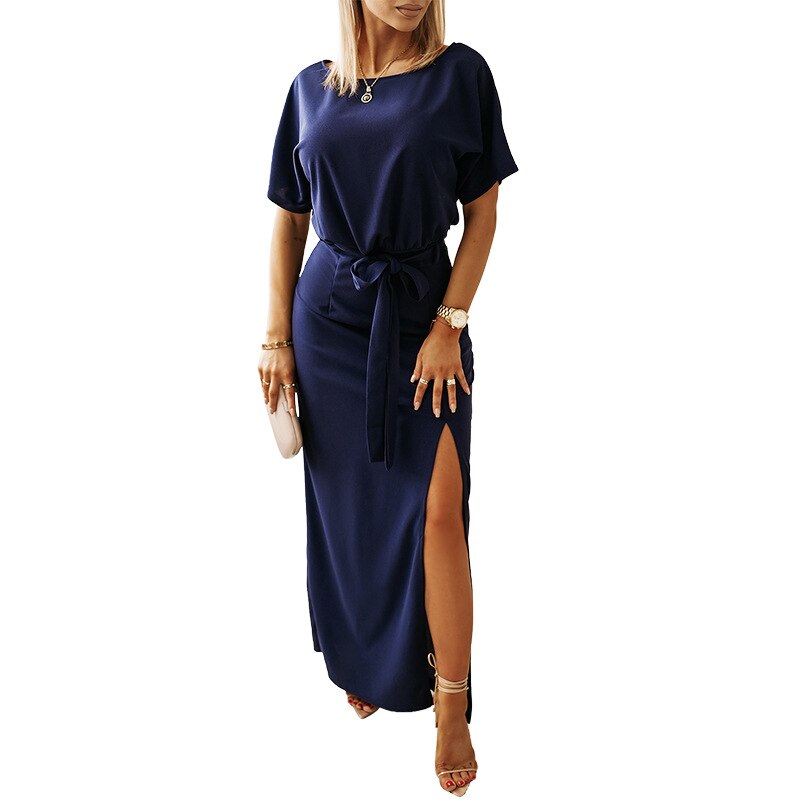 Aovica Summer Solid Graceful  Short Sleeve Long Dress High Waist Lace Up Side Split Bodycon  Streetwear Party Elegant Club