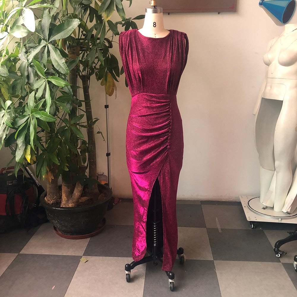 Aovica 2023 Summer Plus Size Women Dress Elegant Glitter Shiny African Ladies Curve Clothing L-3XL  Split Bodycon Maxi Dress Party