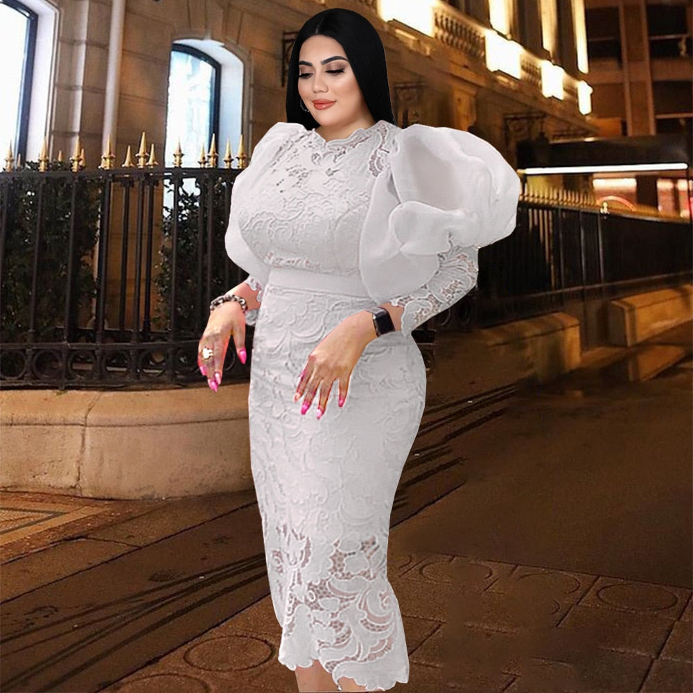 Plus Size Women Lace Dresses Lantern Sleeve Midi Bodycon Pencil Dress Lady  Summer Birthday Party Elegant Gowns with Sashes