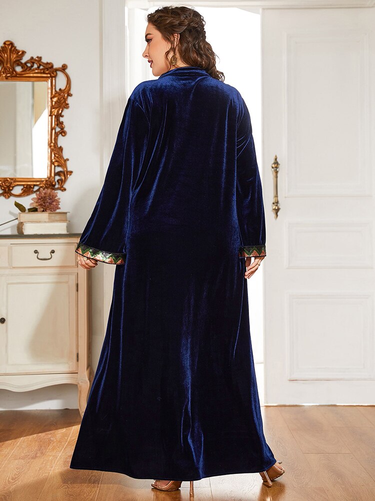 Aovica Luxury Robe Plus Size Women Dress Muslim Solid Blue Clothing Winter Maxi Dresses Large Loose Outfits With Fluff