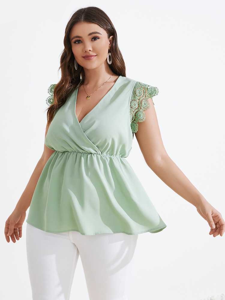 Aovica Plus Size Lace Shirts Women Summer Patchwork Tunic Tops 2023 Stylish  V Neck Casual Solid Pleated Party Blouses 4XL