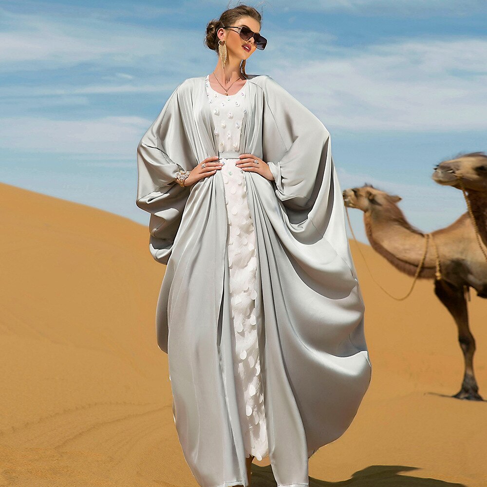 Luxury Dubai Muslim Women Abayas Suits 2 Pieces Cardigan+Dress Rhinestone Party Holiday Gown Islamic Ramadan Arab Turkey Caftan