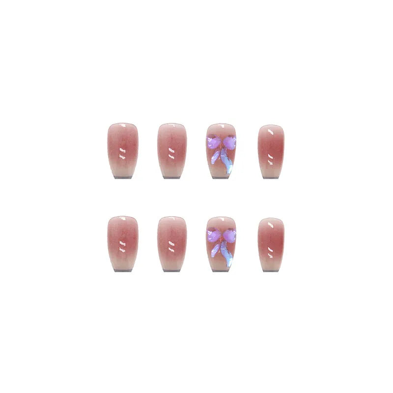 Aovica- Short Ballet Wearable Nail Aurora 3D Shiny Color-changing Butterfly Icing Transparent Gradient Blush Manicure False Nails