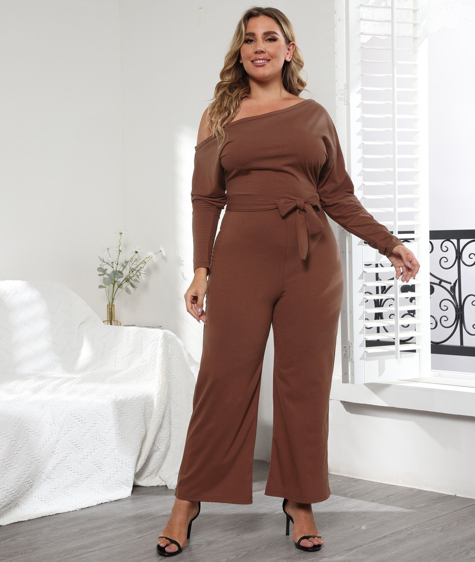 Plus Size Jumpsuit Women Casual Straps Irregular Sloping Shoulder Long Sleeve Jumpsuit Large Size Fashion Solid Color Jumpsuit