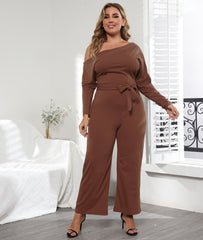 Plus Size Jumpsuit Women Casual Straps Irregular Sloping Shoulder Long Sleeve Jumpsuit Large Size Fashion Solid Color Jumpsuit