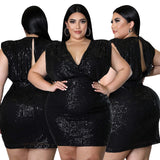 Woman's Plus Size Dresses Black Beaded  Deep V Sleeveless Hip Wrap Skirt Lady Evening Party Dress Large Mini Sequin Clothes