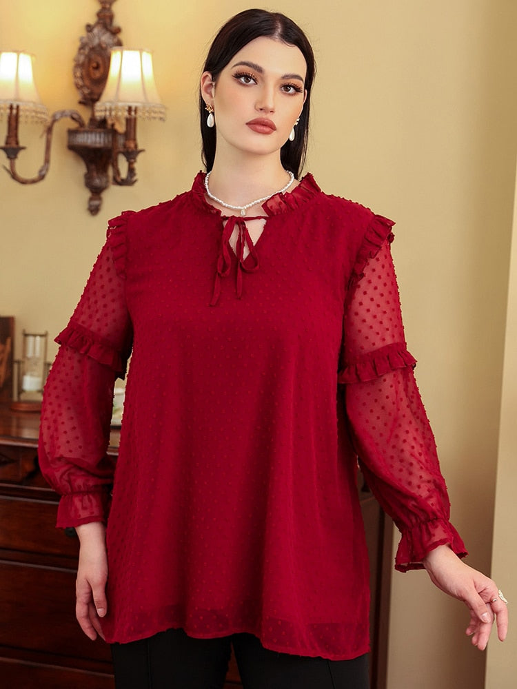 Aovica Plus Size Chic And Elegant Women Chiffon Shirt For Office Ladies Formal Summer Red Blouse Breathable Oversized Clothing