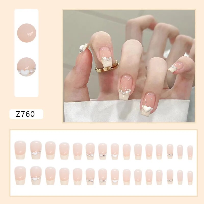 Aovica- 24pcs/Box Gradient Nail Art Patches False Nails Short Square Nail Blue Starry Glitter Teardrop Diamond Fake Nail Tips