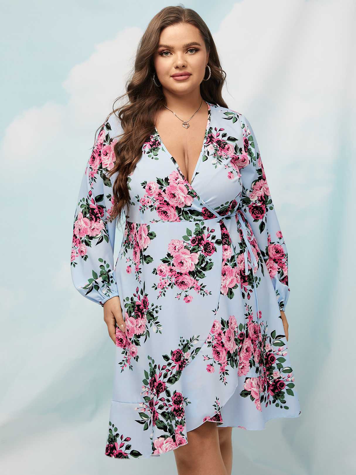 Aovica Plus Size Bohemian Dress Women Summer Long Sleeve  V Neck Flower Print Beach Sundress 2023 Holiday Knee-Length Robe