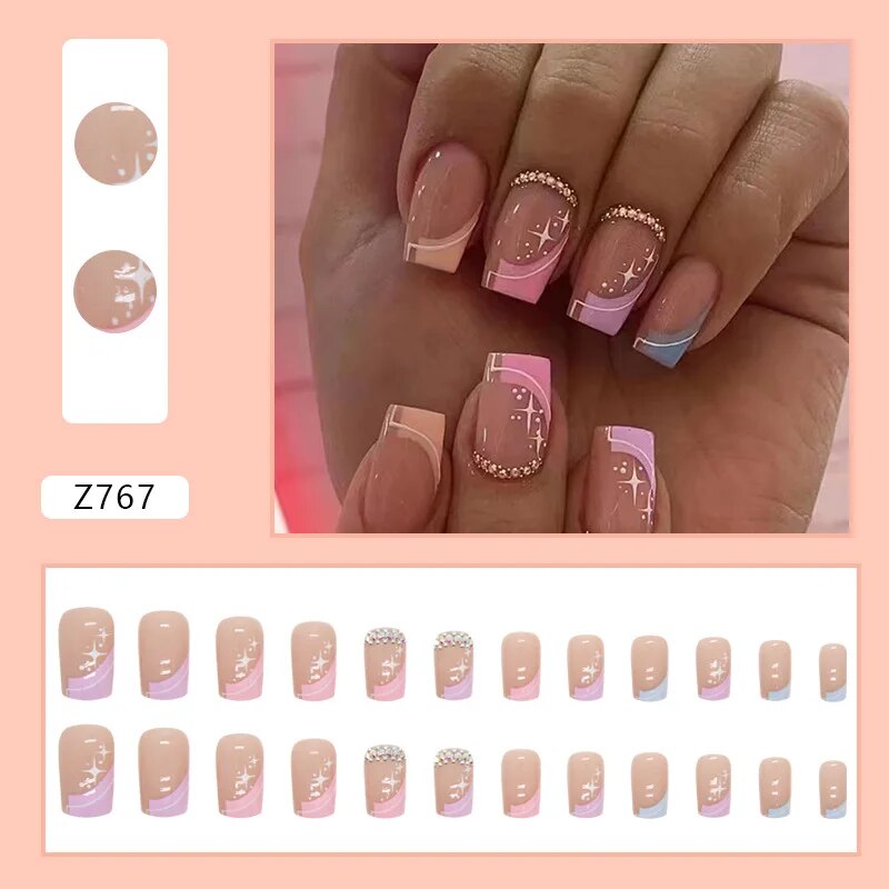 Aovica- 24pcs/Box Gradient Nail Art Patches False Nails Short Square Nail Blue Starry Glitter Teardrop Diamond Fake Nail Tips