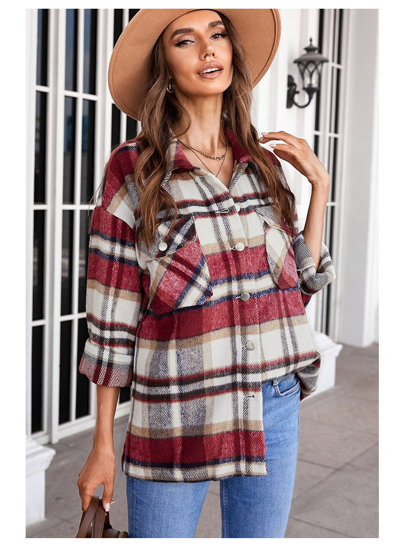 Aovica Classic Plaid Woman Jacket Fall Winter Casual Long Sleeve Couple Jackets Office Lady Korean Coats Women  11 Color