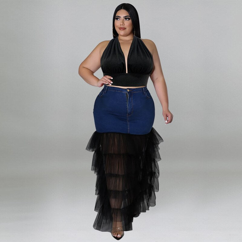 Aovica Plus Size  Two Piece Set Dress V Neck Halter Top Denim Ruffles Sheer Mesh Patchwork Skirt Suits Streetwear Clothings 2023