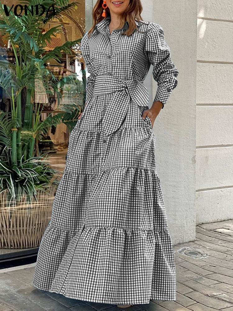 Aovica 2022 Summer Bohemian Plaid Shirt Dress  Women Long Sleeve Party Dresses Casual Lapel Button Vintage Belted Pockets Sundress