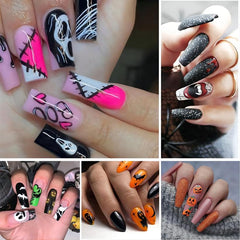 Christmas Aovica False Nails Press On Set Almond Black Ghost Design Long Fake Nail Pumpkin Pressure Decorated Adhesive Nail Tips 24Pcs