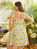 Aovica Plus Size Summer Dress Women Bohemian Flower Printed Mini Sundress 2023  Sleeveless V Neck Casual Ruffled Party Robe