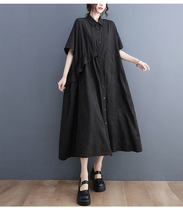 Aovica Plus Fashion Casual Women's Dress Pleated Lace Korean Oversize Loose Maxi Split Shirt Dress