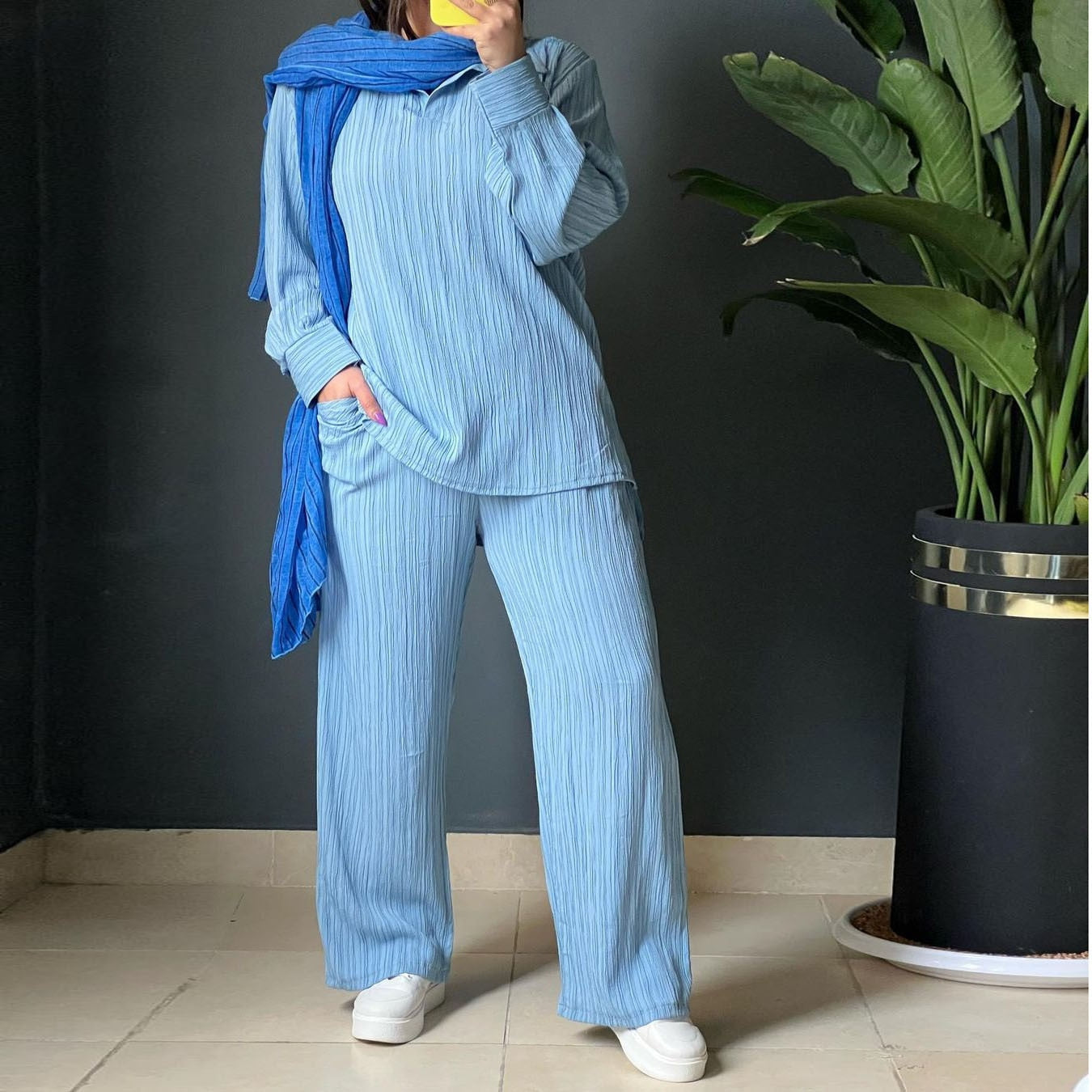 Aovica Turkey Hijab Two Piece Muslim Sets Dress Caftan Kaftans Islam Clothing 2 Piece Set Women Loose Wide Leg Pants