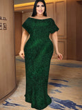 Aovica Green Sequins Maxi Dresses Short Sleeve Slash Neck High Waist Slim Fit Mermaid Evening Birthday Party Outfits for Women 2023 New