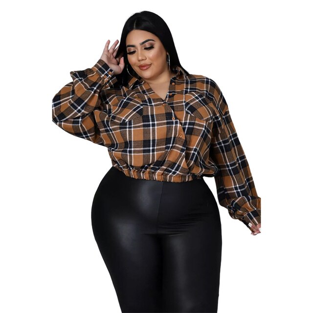 Aovica Plus Size Tops for Women 4xl 5xl Turn Down Collar Long Sleeve Pocket Single Breasted Casual Street Wear Grid T-shirt