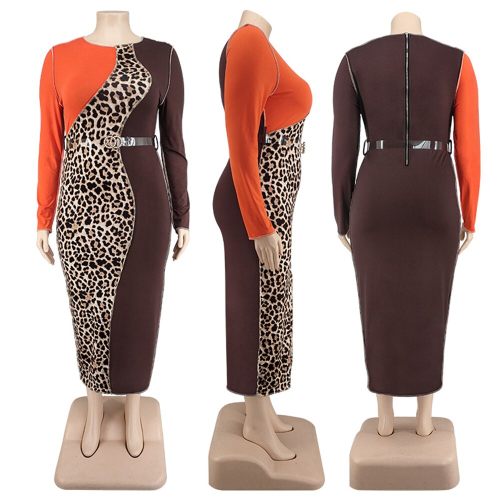 Aovica Fashion Trendy Plus Size Women Clothing 4xl 5xl Round Collar Leopard Grain Patchwork Waistband Elegant Midi Dress Urban