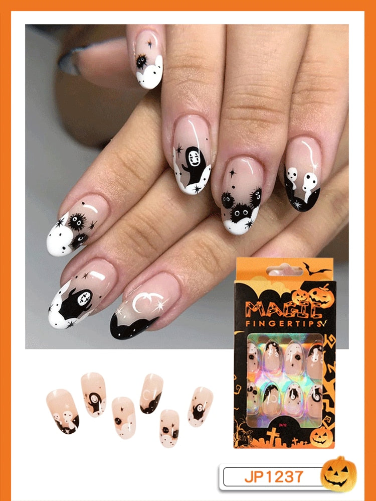 Christmas Aovica False Nails Press On Set Almond Black Ghost Design Long Fake Nail Pumpkin Pressure Decorated Adhesive Nail Tips 24Pcs