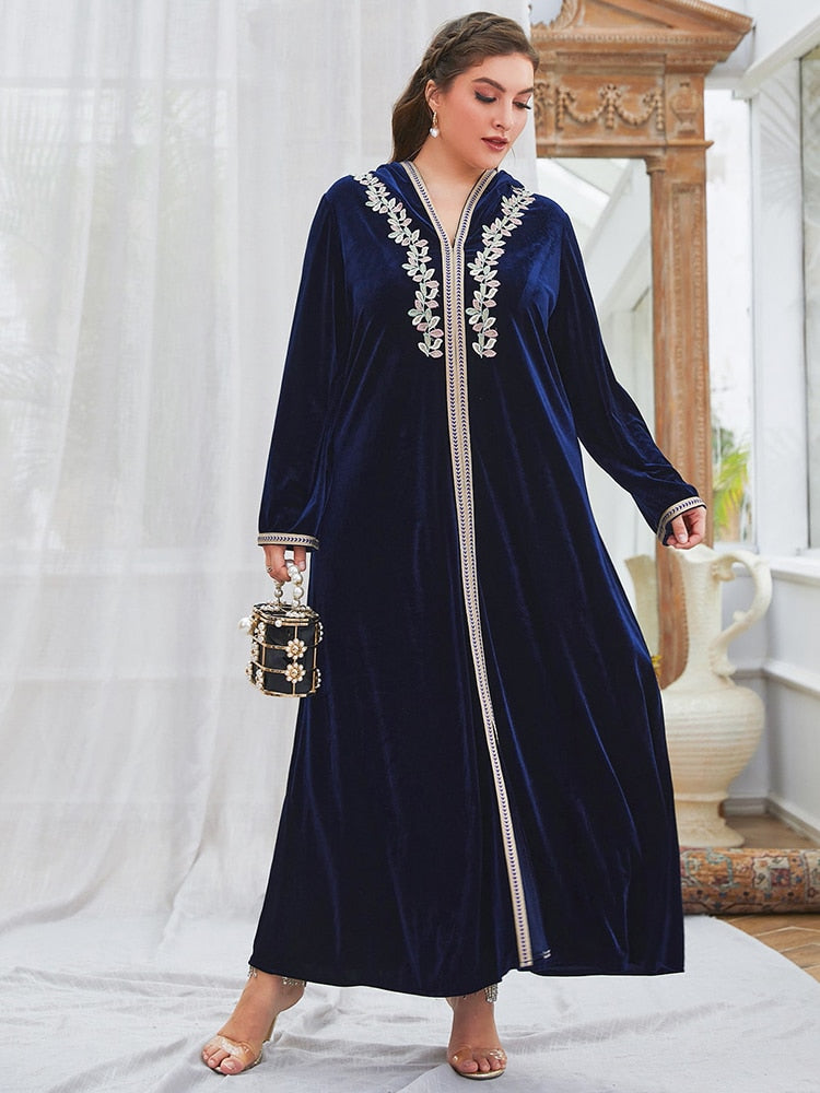 Aovica Plus Size Muslim Women Dress Solid Blue With Floral Embroidery 2023 Autumn Lady Elegant Outfits Casual Hoodies Robe