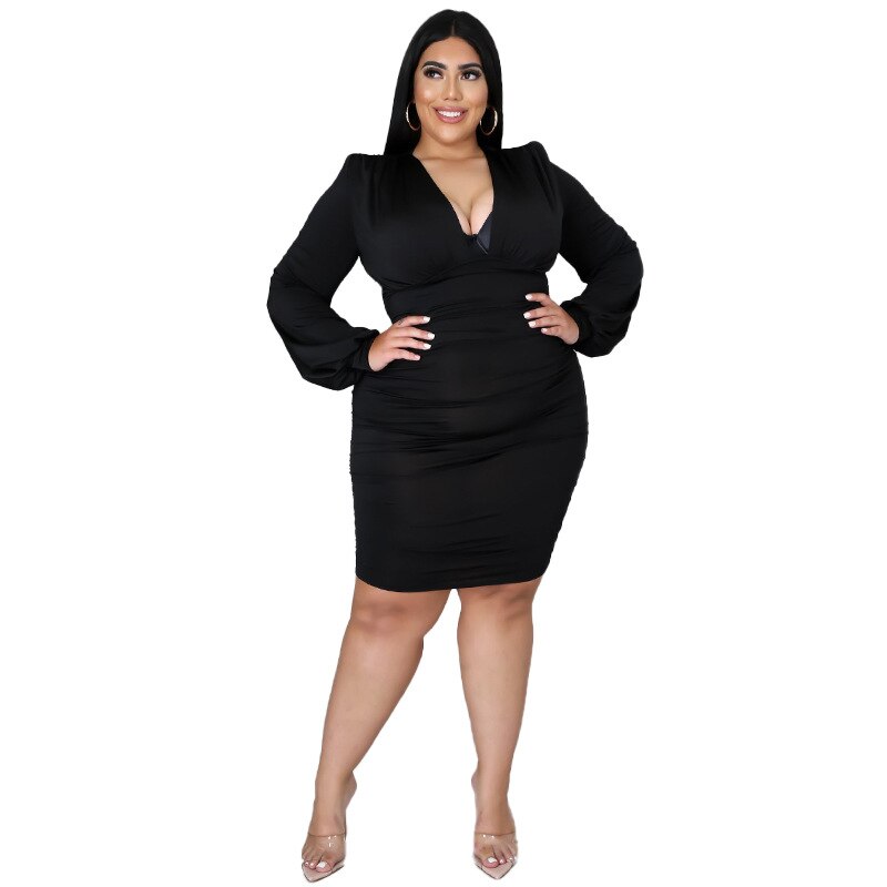 Aovica Plus Size Elegant Bodycon  Party Dress For Women V Neck Long Sleeve Skinny Knee Length Vestidos Office Lady Night Banquet