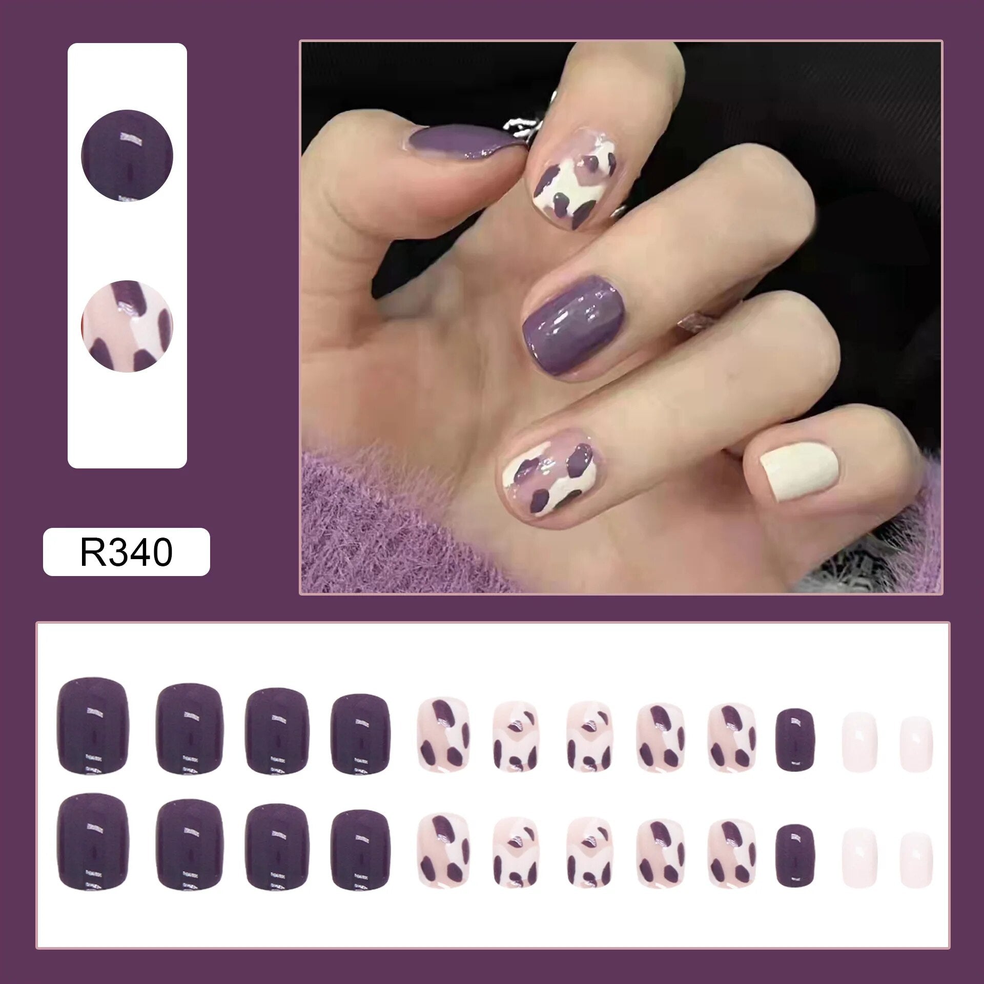 Aovica- 24pcs/pack Fake Nails Art Nail Tips Press on False Nails Set Full Cover Purple Cow Artificial Short Square Head Fingernail