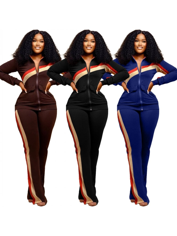 Autumn Winter Two Piece Set Women Tracksuit Zipper Stand Collar Jacket Tops Pants Suits Set Fashion Patchwork Two Piece Outfits