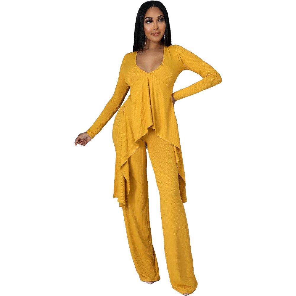 Aovica Two Piece Set Women Spring Autumn New Solid Color V-Neck Long Sleeve Irregular T-shirt Top And Stright Long Pants Trousers Suits