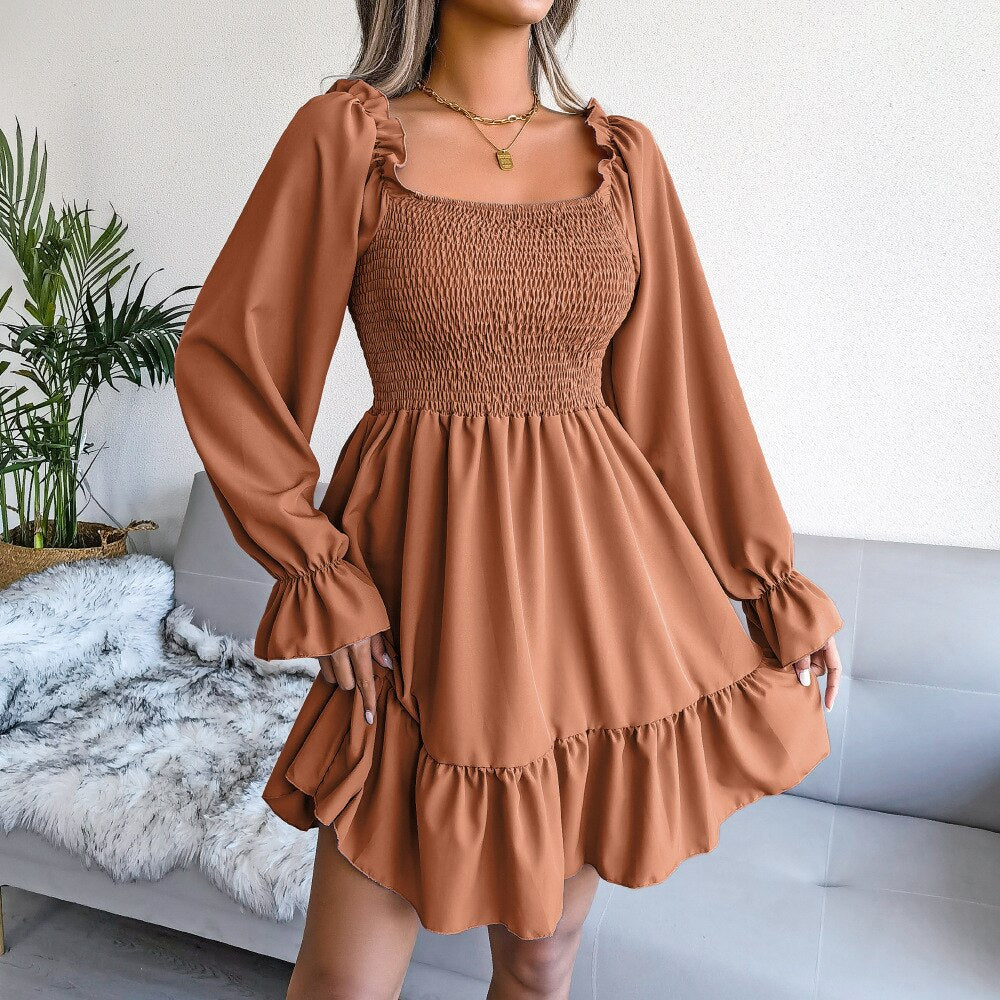 Graduation dress Woman Ruffles Party Dress Long Sleeve French Mini Dress Femme Solid Color Ladies Spring Clothing Square Collar Vestidos De Mujer