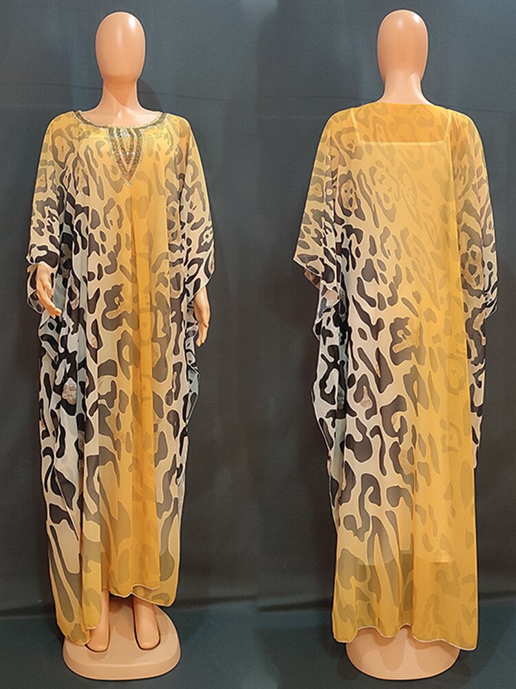 Aovica  African Dashiki Print Dresses For Women Plus Size Chiffon Boubou With Inner Dress Muslim Dubai Abayas Turkey Wears Outfits