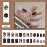 Aovica- Fake Nails Art Nail Tips Press on False Nails Set Coffee Leopard Full Cover Artificial Short Square Head 24pcs/pack